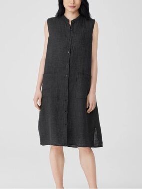 Eileen Fisher Linen Shirt Dress Pockets Green Checked XL